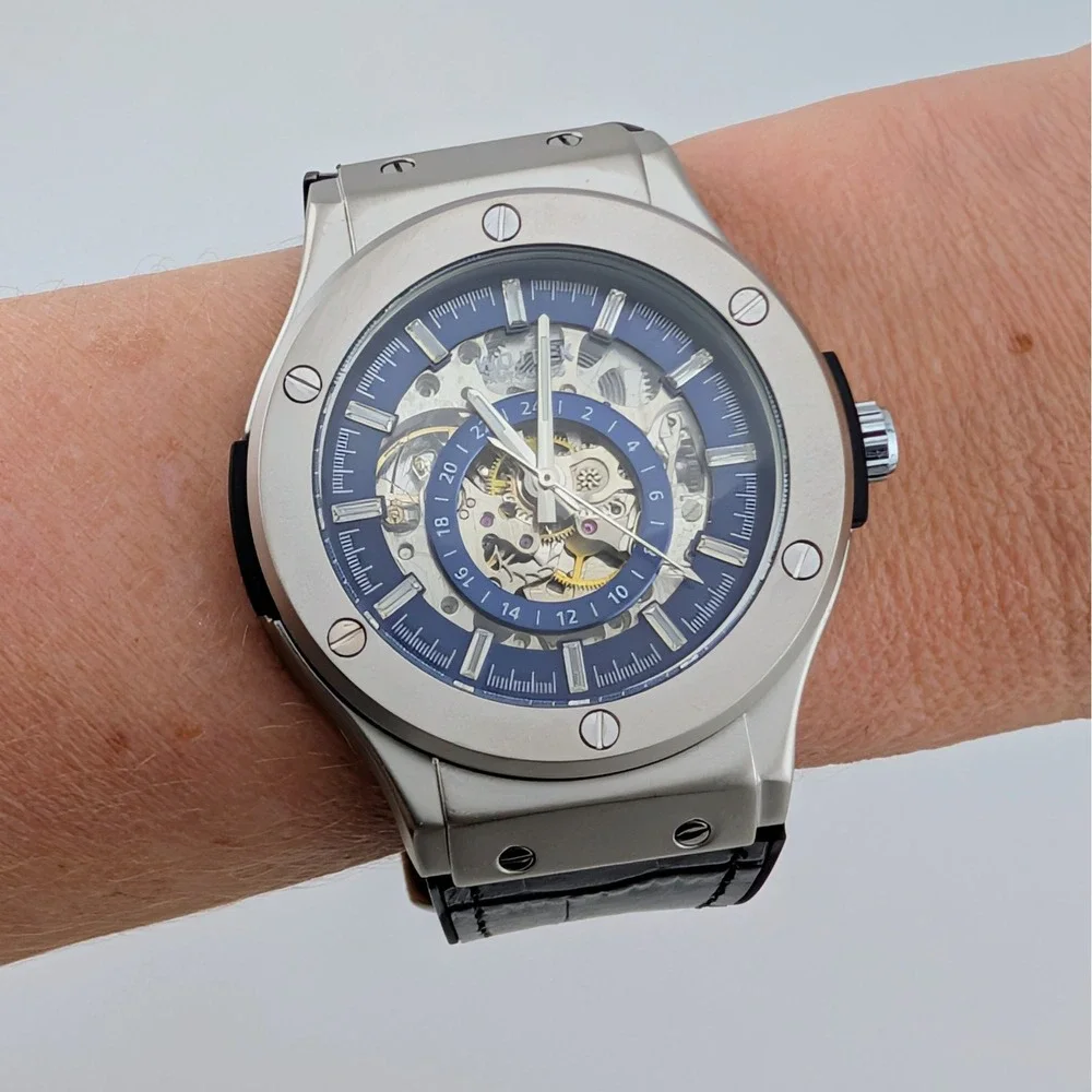 Wojtek Automatic Skeleton Blue Dial Men's Watch 24 Hour Display NWOT 45mm
